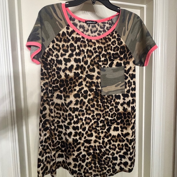 HEIMISH USA Tops - Cheetah, Camo shirt with a Hot Pink collar